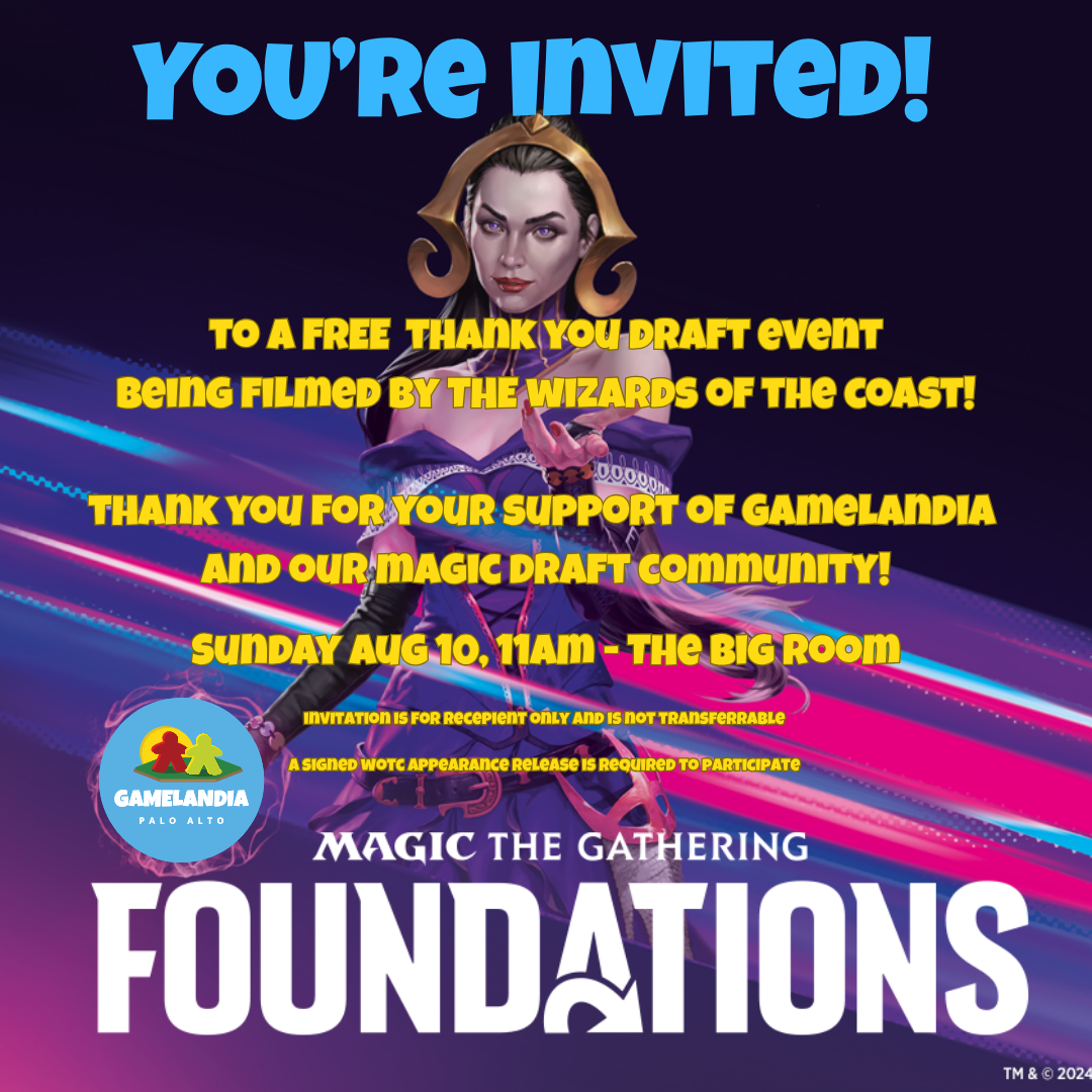 Private Magic: The Gathering event at Gamelandia on Sunday, August 10, with fantasy character artwork shown.