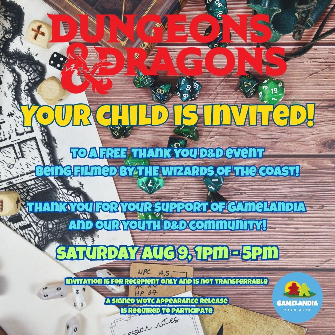 1PM SAT Private Youth D&D Event at Gamelandia on Aug 9 featuring dice, maps, and adventure activities for kids.