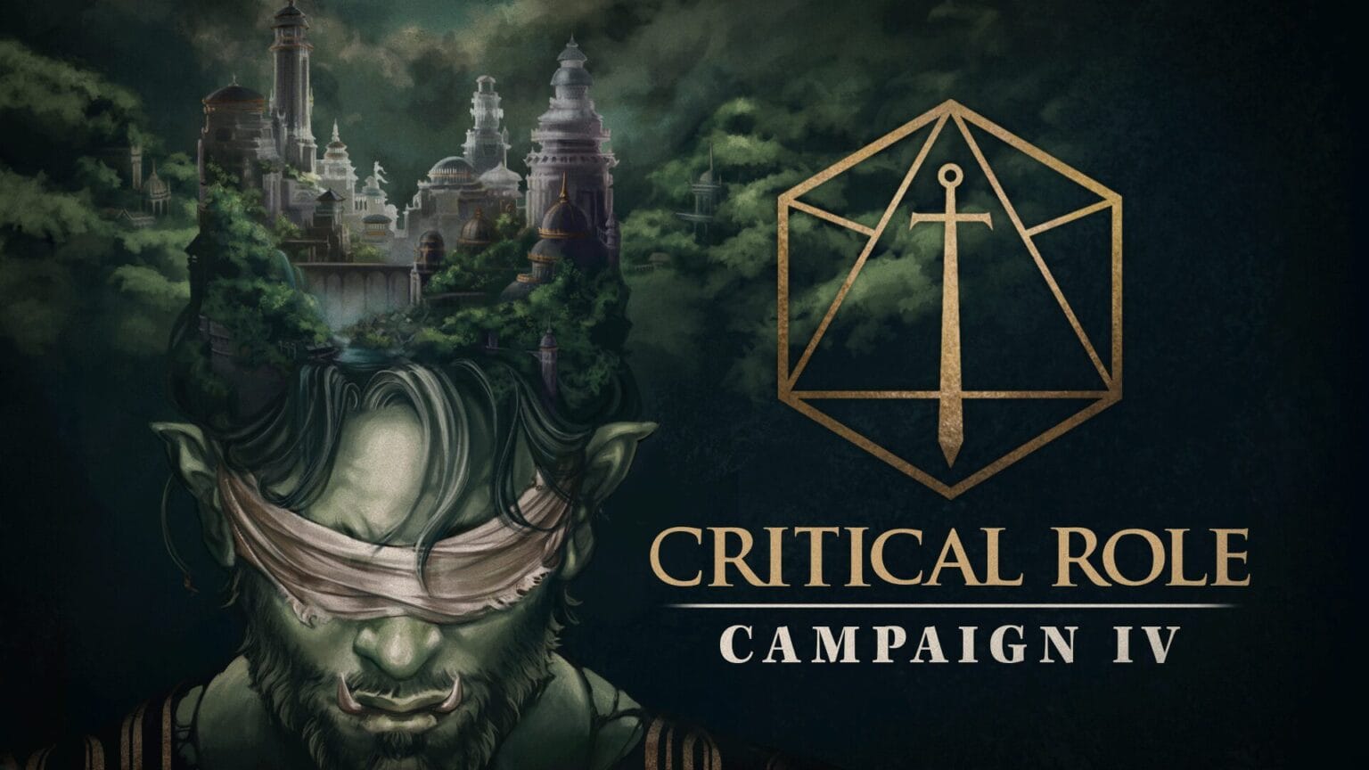 Critical Role Campaign 4 Launch Party logo beside a blindfolded elf with a cityscape on their head.