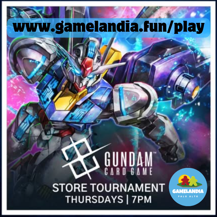 Gundam robot with text: 7p Prepay Gundam Constructed at GameLandia, Thursdays 7 PM. Website link at top.