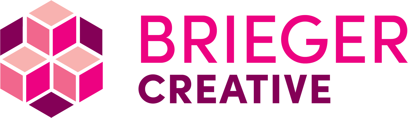 Pink geometric cube logo inspired by Dungeon Crawler Carl, next to pink BRIEGER CREATIVE text.