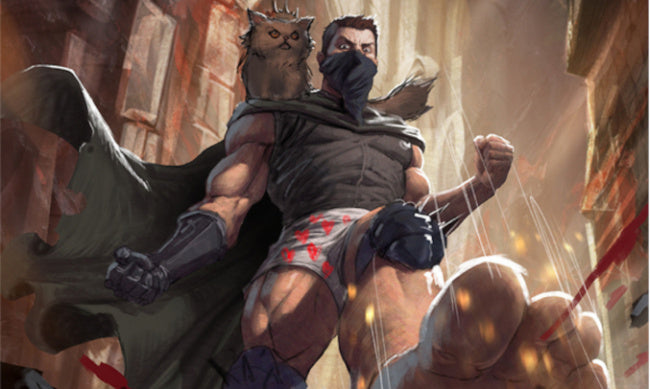Dungeon Crawler Carl: Unstoppable Playtest Event featuring a muscular, masked hero and an owl nearby.
