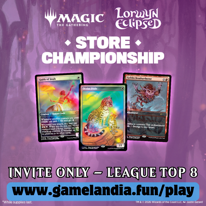 MTG Store Championship event for six invited players; includes event details and store credit prizes, in-store payment required.