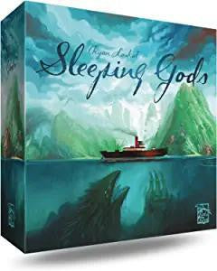 Sleeping Gods cooperative board game box featuring a ship, sea monster, and mountains on the cover.