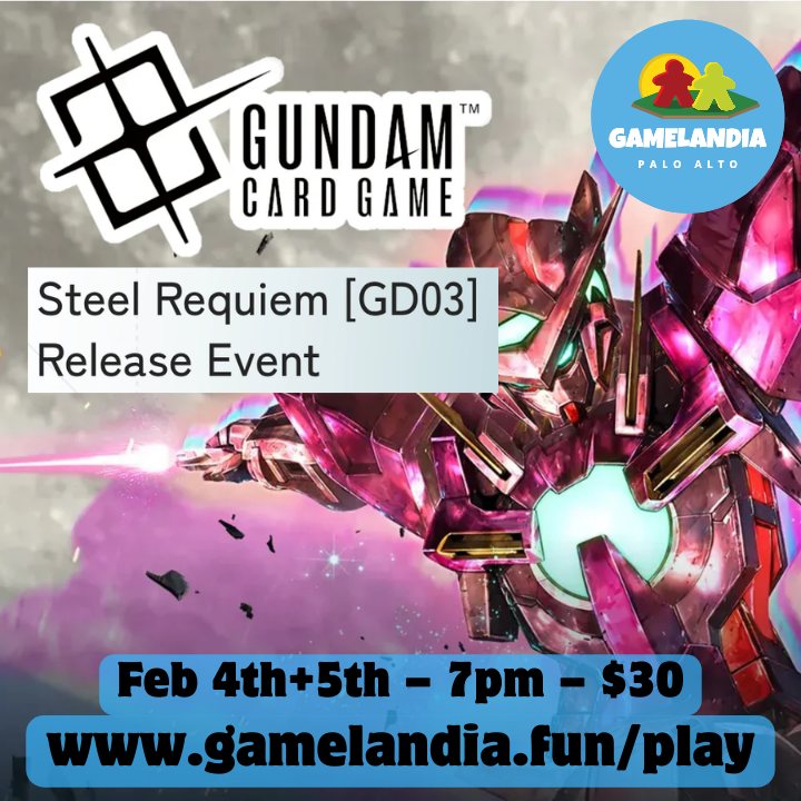 Gundam GD04 prepay event, featuring Mobile Suit Victory Gundam and neon robot artwork at GameLandia.