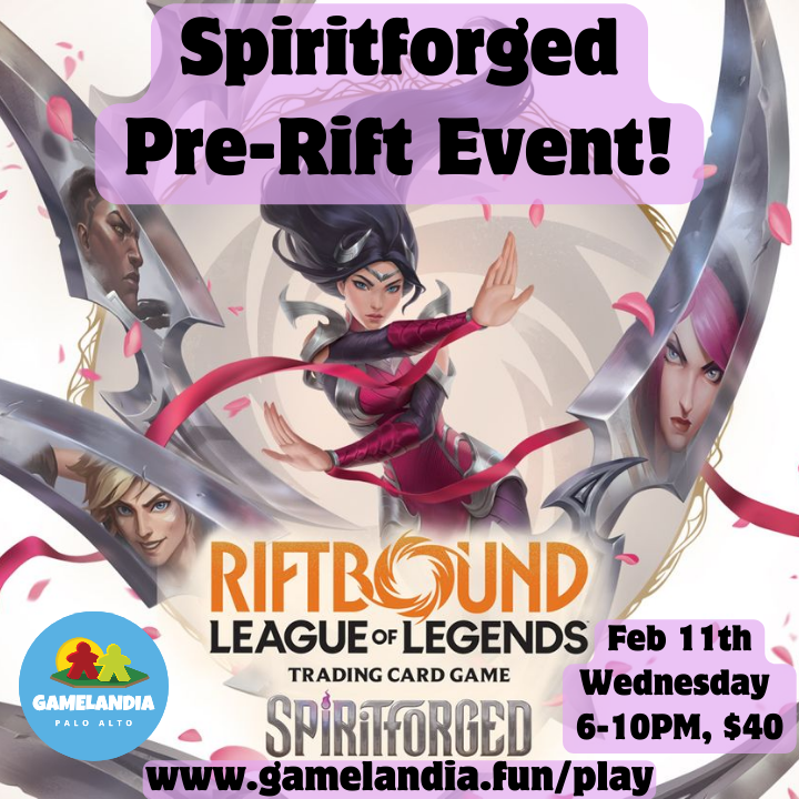 Flyer for Riftbound Spiritforged Pre-Rift Event at Gamelandia, February 11, 6-10 PM.