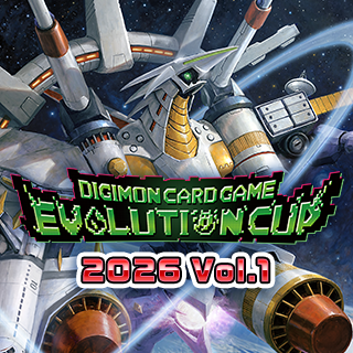 Digimon TCG Evolution Cup 2026 Vol.2 Bandai promo pack with text and robotic dragon artwork in background.