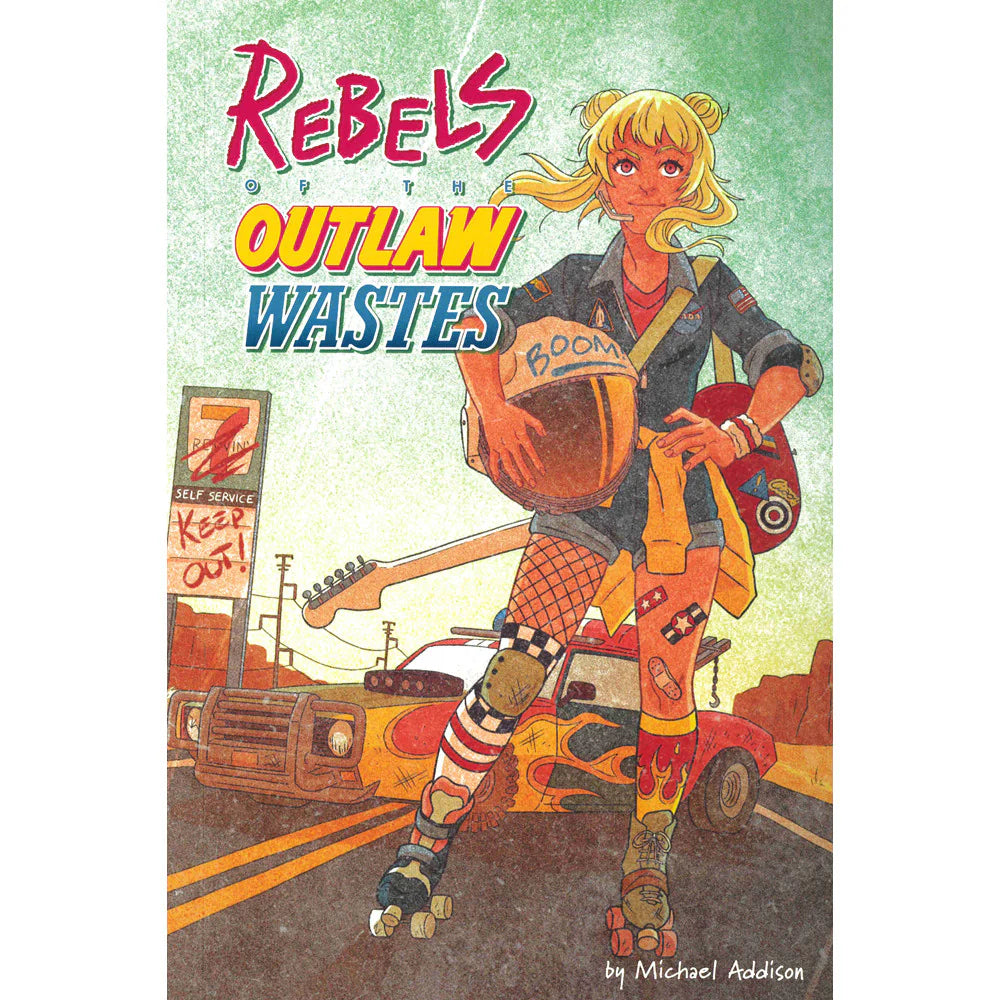 Rebels of the Outlaw Wastes RPG comic cover featuring a punk girl with a helmet standing next to a car.