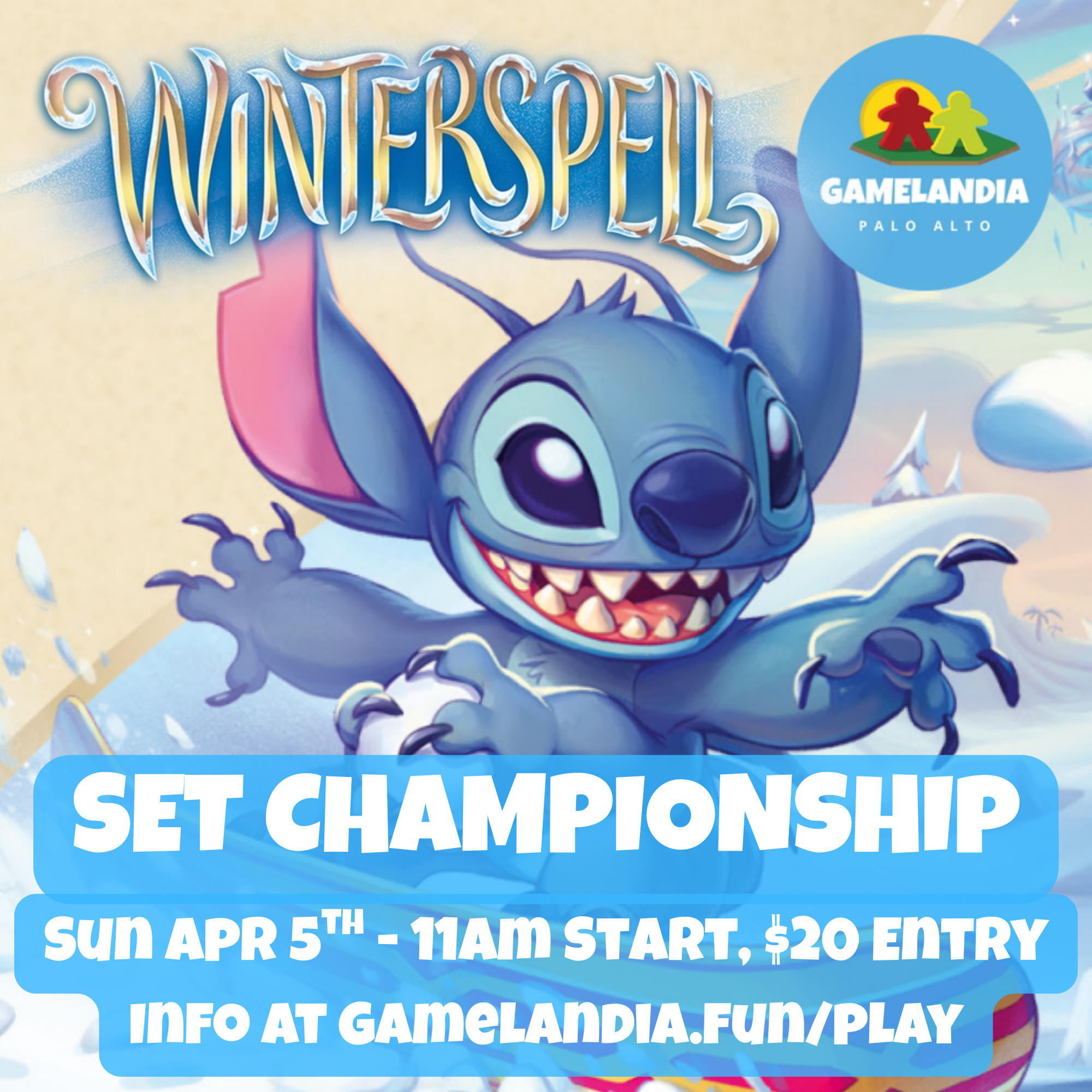 Lorcana Winterspell Set Championship, GameLandia Palo Alto logo, 20 prepay, 11a. Blue creature artwork visible.