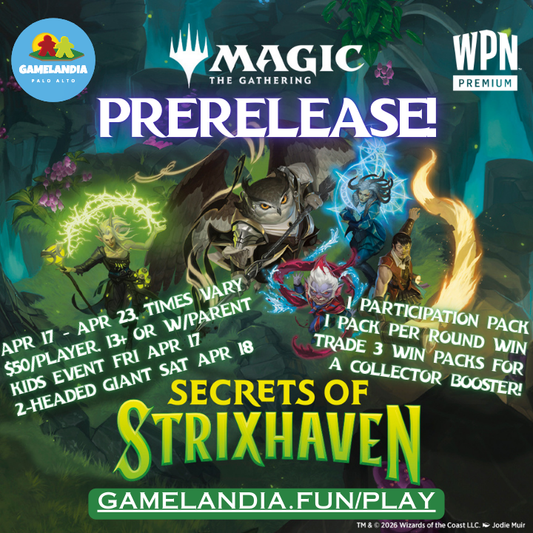 Magic: The Gathering Secrets of Strixhaven Prerelease event promotional image with three spellcasting characters.