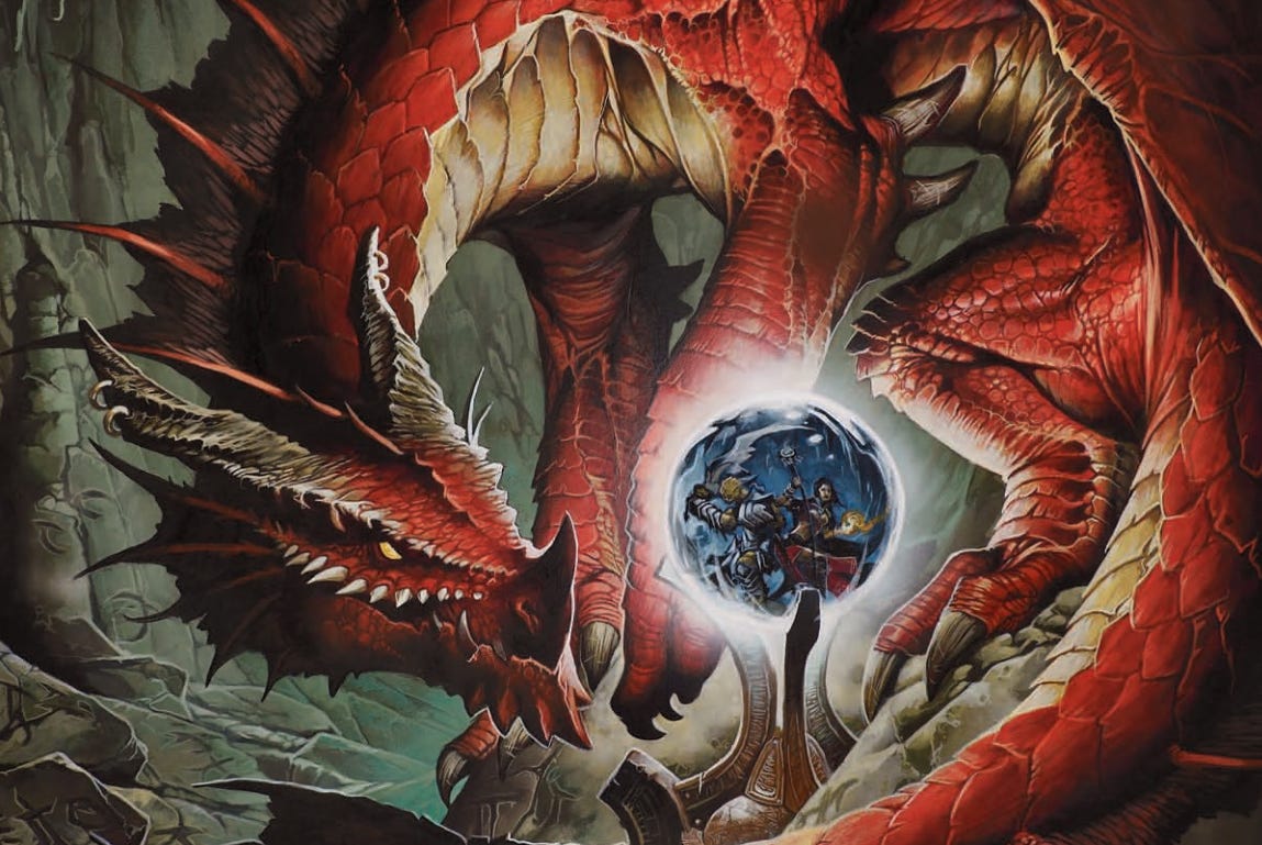 Red dragon coiled around a glowing orb for D&D 3.5 and Pathfinder 1E Learn-to-Play event (18+).