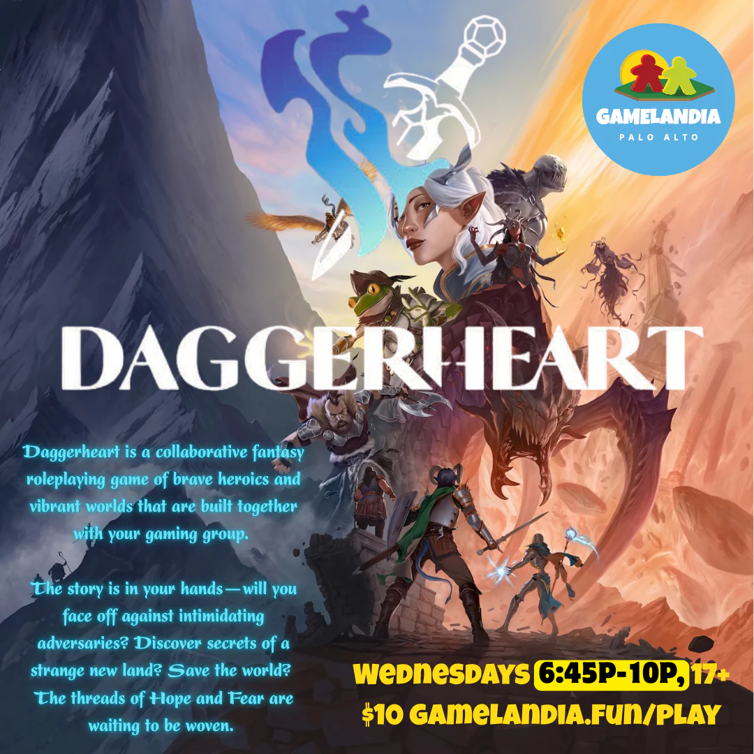 Daggerheart RPG game session for ages 17+ at Gamelandia, Wednesdays 6:45pm. Pay in store.