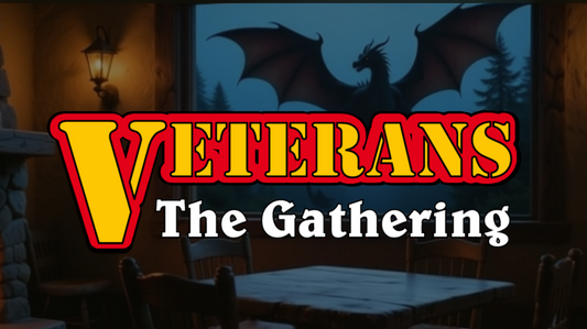 5 pm - Veterans: The Gathering text displayed in a rustic room with dragon silhouette in window.