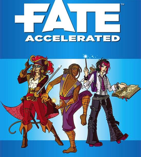 Fate Accelerated RPG logo with three heroes; event details: 1 pm, Free RPG Day, RPG Room, Age 15+.
