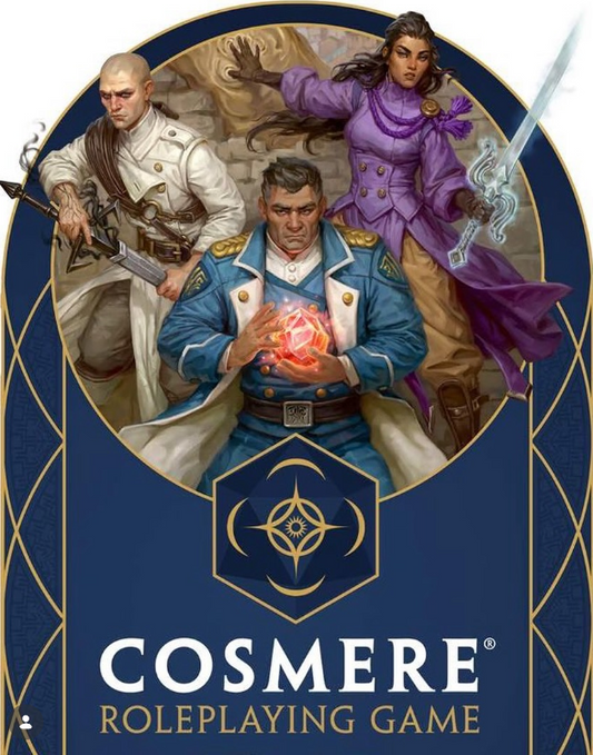 Cosmere RPG Free RPG Day event sign, age 15+, with three fantasy characters in dramatic poses, Space Room, 1 pm.