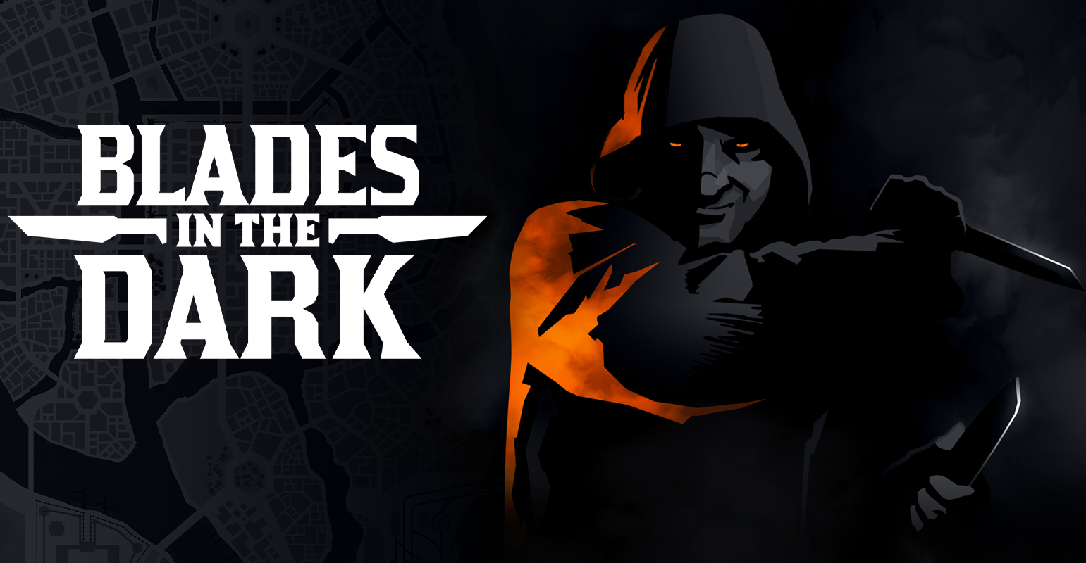 4 pm - Free RPG Day - Blades in the Dark - Space Room - Age 16+ with a hooded figure holding a blade.