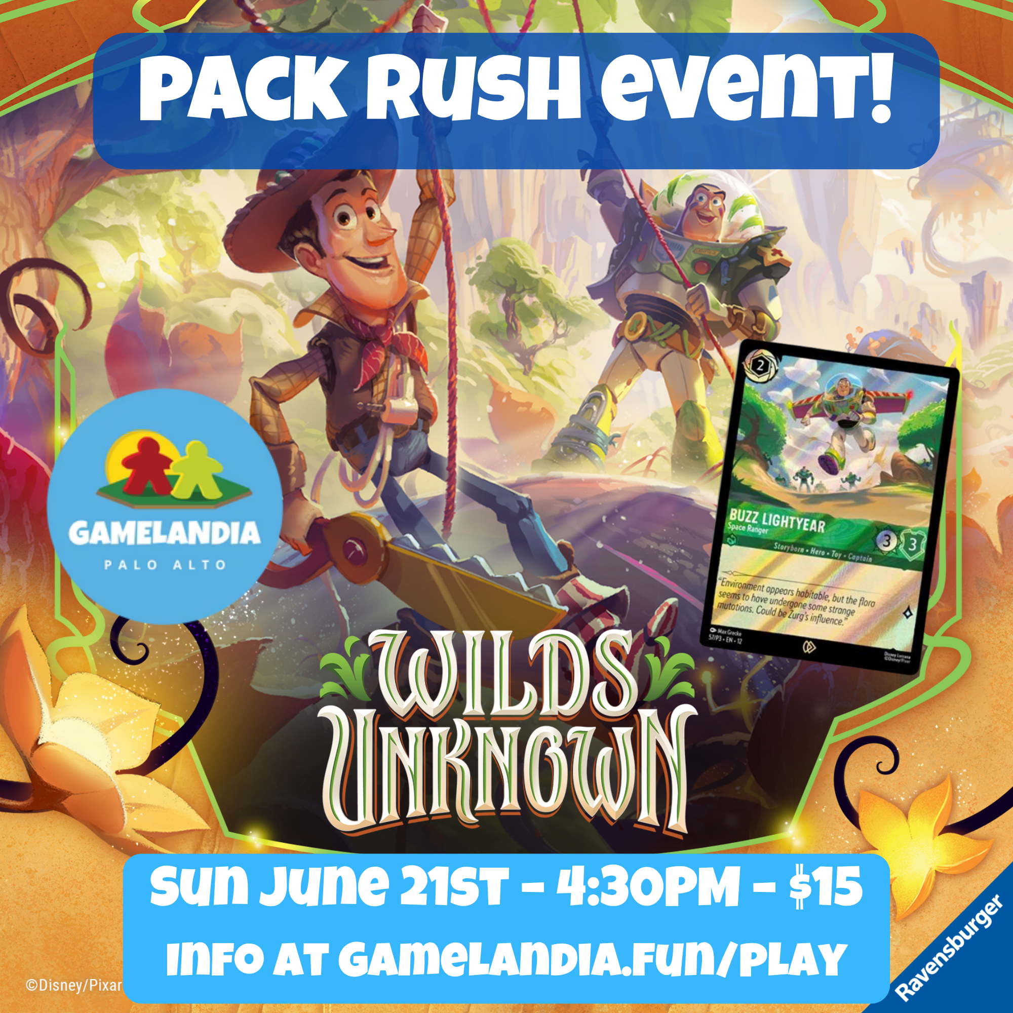 Disney Lorcana Pack Rush Event, June 21, 4:30 pm at GameLandia Palo Alto, Buzz Lightyear promo card included.