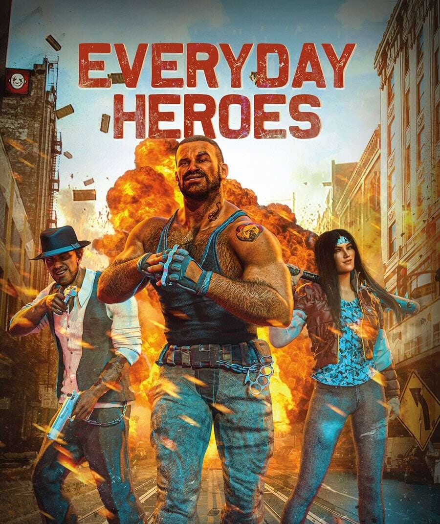Everyday Heroes RPG promotion featuring three heroes standing before an explosion, event by Evil Genius Games’ owner.