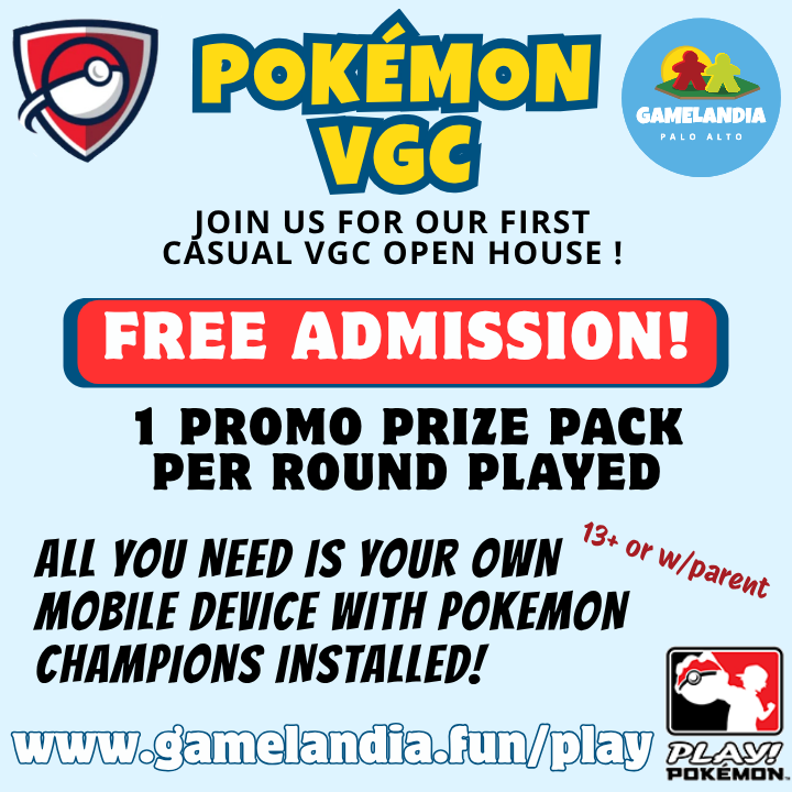 Pokemon VGC Free Open House event at 6pm for ages 13+, bring Switch and Pokémon Champions app.