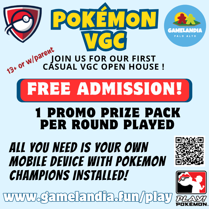 Pokemon VGC Free Open House event for ages 13+, free admission, promo prize pack, local Pokémon community.