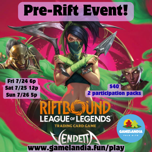 Riftbound VENDETTA Pre-Rift event and card information for 40 Prepay shown with three LoL champions.
