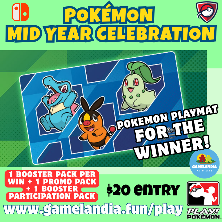 Pokémon TCG Mid Year Seniors (ages 12-15) event at Gamelandia, playmat prize advertised.