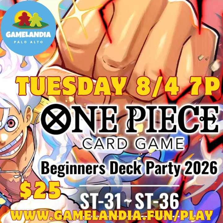 One Piece TCG Beginners’ Deck Party event featuring decks ST-31 to ST-36 on Tuesday, August 4 at 7PM.