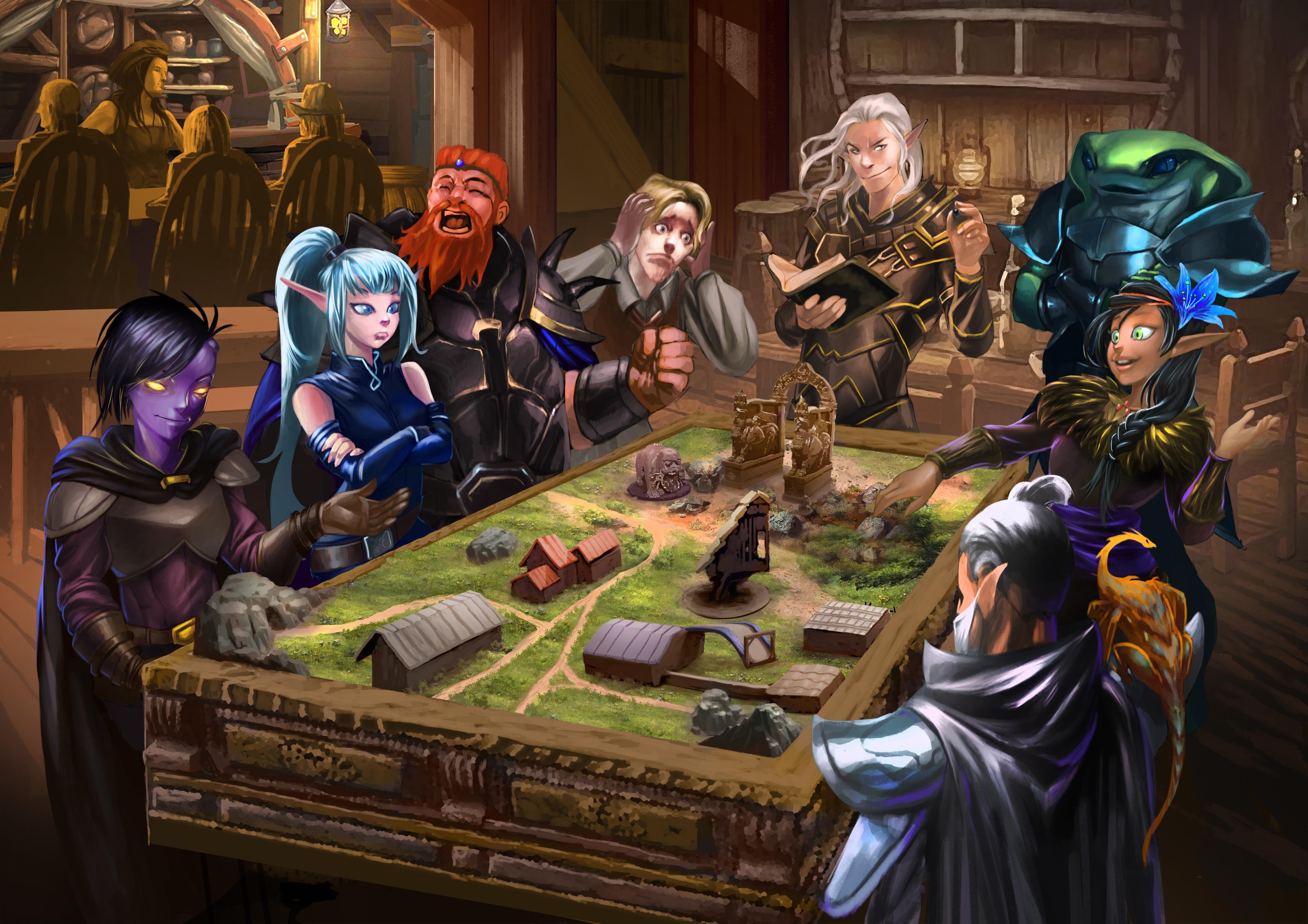 Six people at a table for a D&D campaign with Xander, scheduled for 6:45 pm Saturday in a tavern setting.