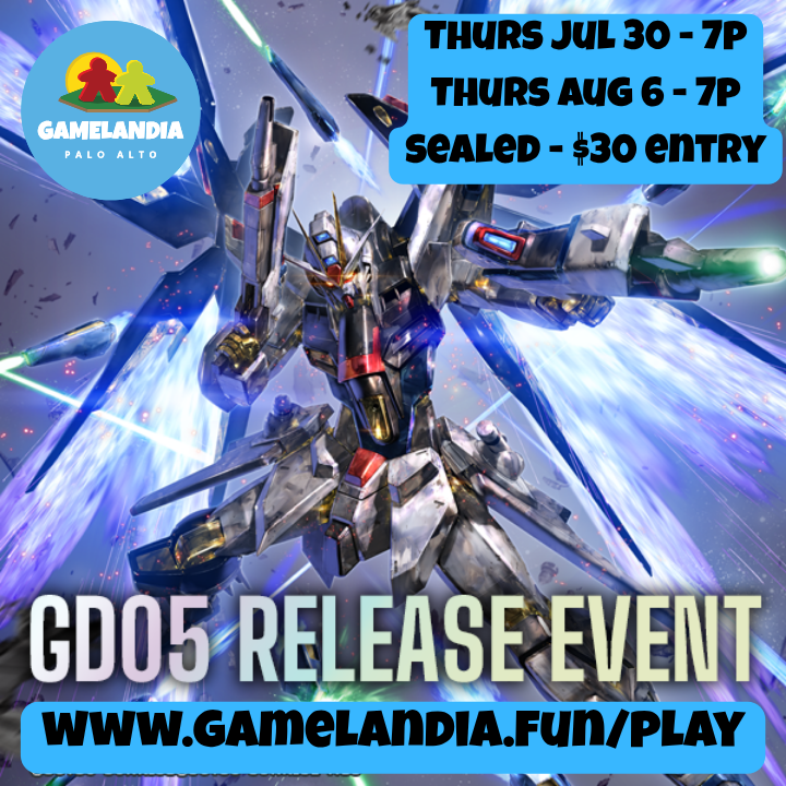 Gundam GD05 card game product for Prepay Release Event at Gamelandia, featuring robot battle illustration.