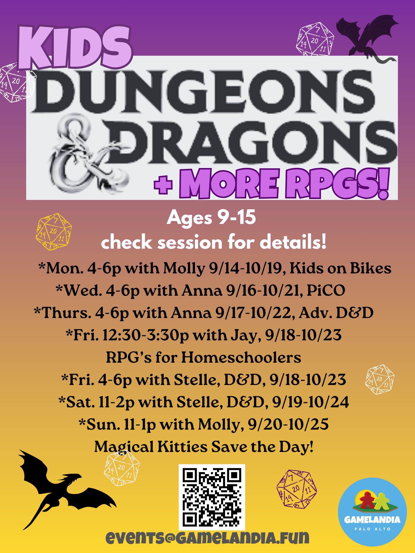 4-6p Advanced Kids D&D with Anna, full session for ages 9-15; session info, fantasy icons, Camps Page noted.