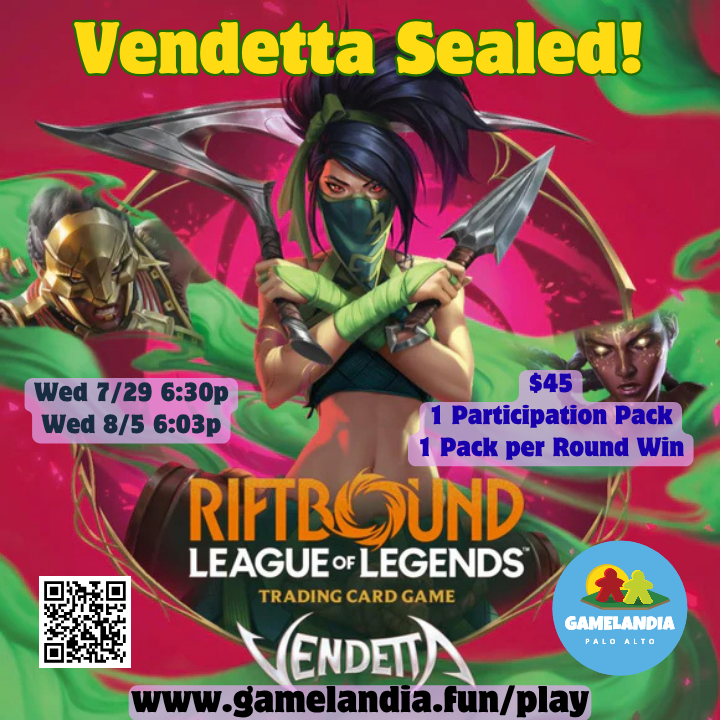 Three masked figures promote the Riftbound Nexus Nights VENDETTA SEALED card game event.