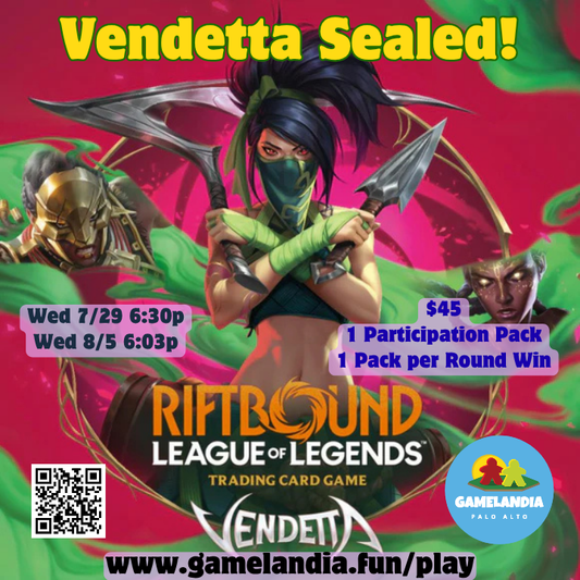 Three masked figures promote the Riftbound Nexus Nights VENDETTA SEALED card game event.