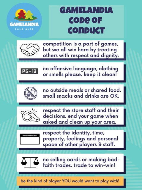 Gamelandia Code of Conduct poster for Riftbound Nexus Nights VENDETTA SEALED event, 6:00pm, 45 prepay.