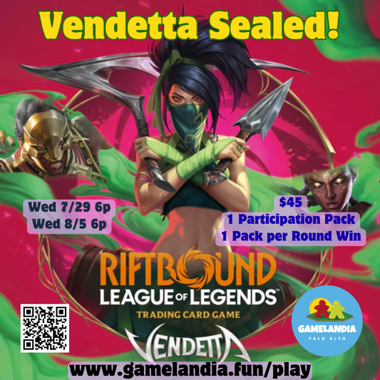 Riftbound VENDETTA Pre-Rift Event product displayed with masked hero theme and event details.