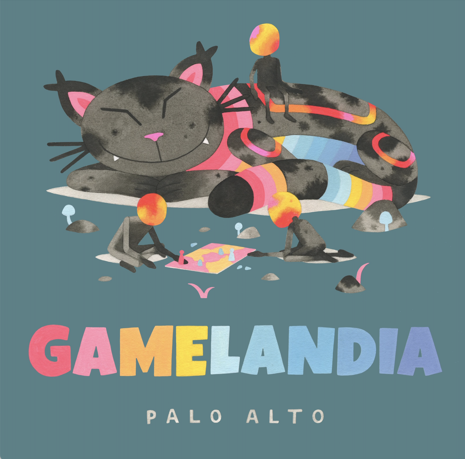 Striped cats with glowing faces play a board game; text reads “Pokemon Private Event, Gamelandia Palo Alto, 10a-4:30p.”.