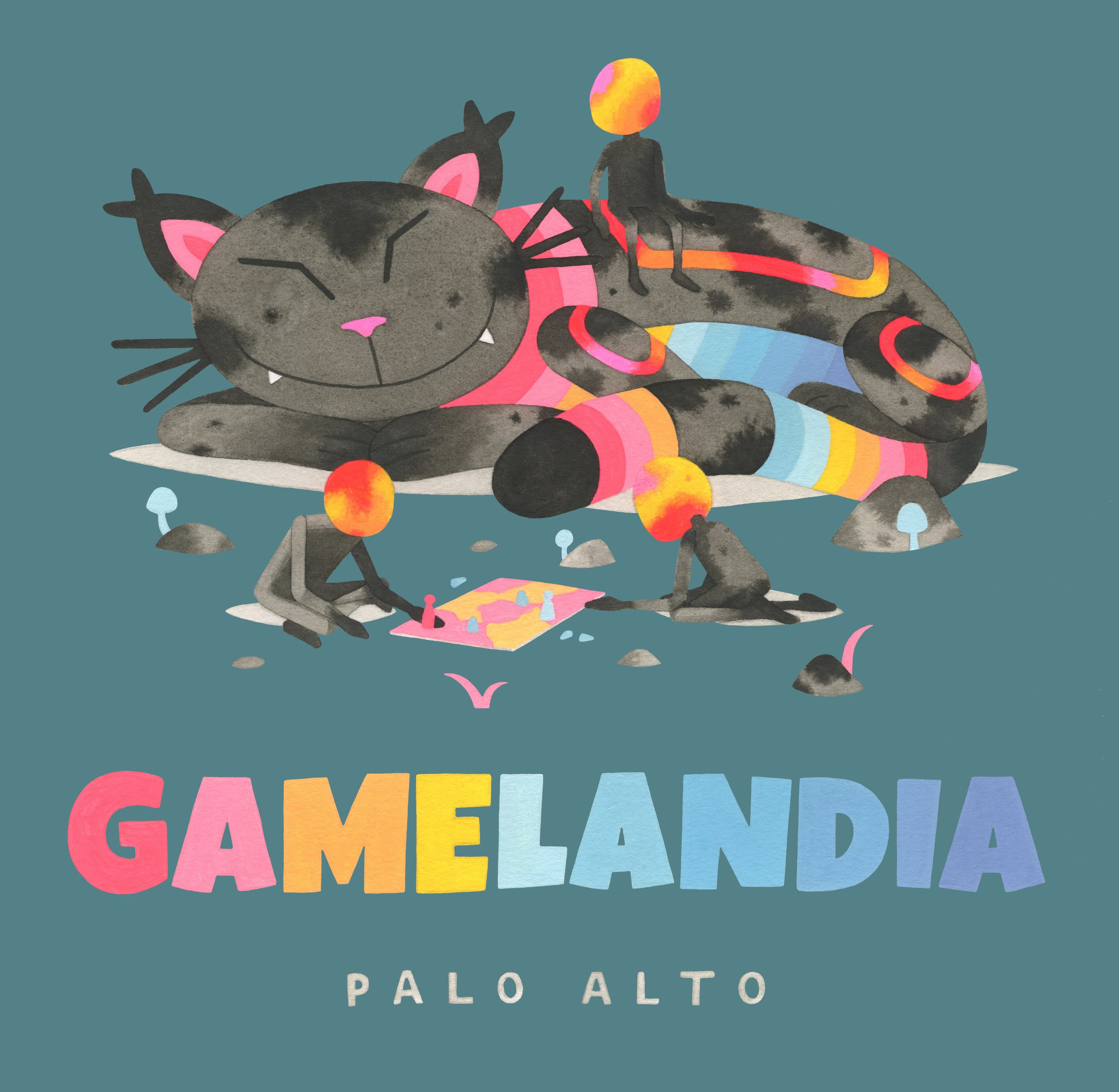 Gamelandia Palo Alto logo with cartoon cat, playful figures, and 3-4:30p Cal Ave Merchant Meeting text.