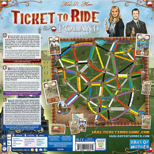 Ticket to Ride Poland Map Collection 6.5 with train routes, cards, and two illustrated hosts in the top right corner.