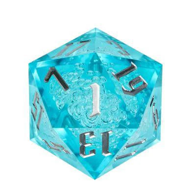 55mm Titan D20 Sharp Edge Cyan Bubbles die with silver numbering, 1 face up.