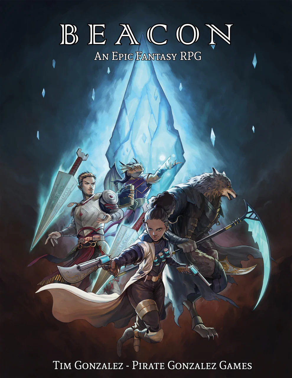 Beacon RPG game cover featuring four adventurers and a giant crystal.