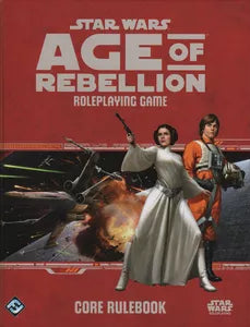 Star Wars: Age of Rebellion Core Rulebook with cover showing Princess Leia, Luke Skywalker, and X-wings.