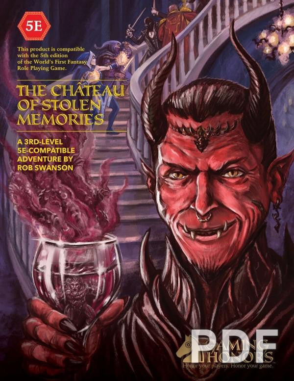 The Chateau of Stolen Memories (5E) product featuring a red-skinned devil holding a wine glass on grand stairs.