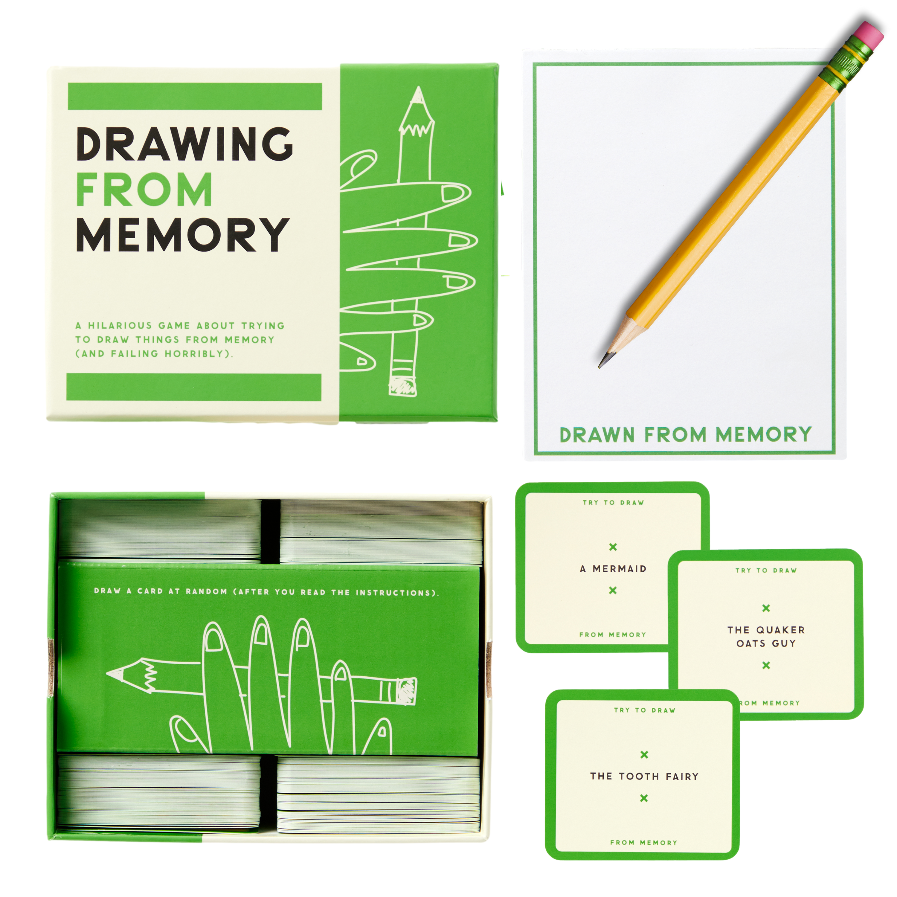 Brass Monkey Drawing From Memory Game set with instruction cards, drawing pad, and pencil.