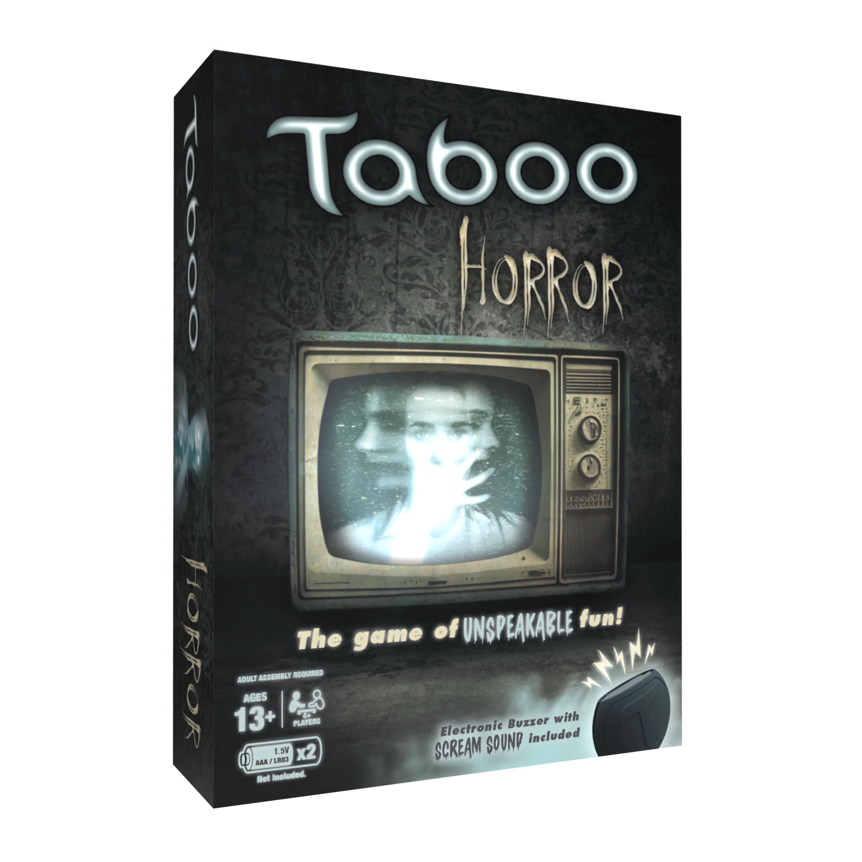 Taboo: Horror party game box featuring a ghostly face on a vintage TV and spooky-themed text.
