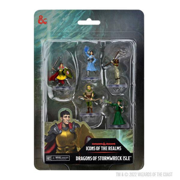 Five D&D Icons of the Realms: Dragons of Stormwreck miniatures in clear plastic packaging.