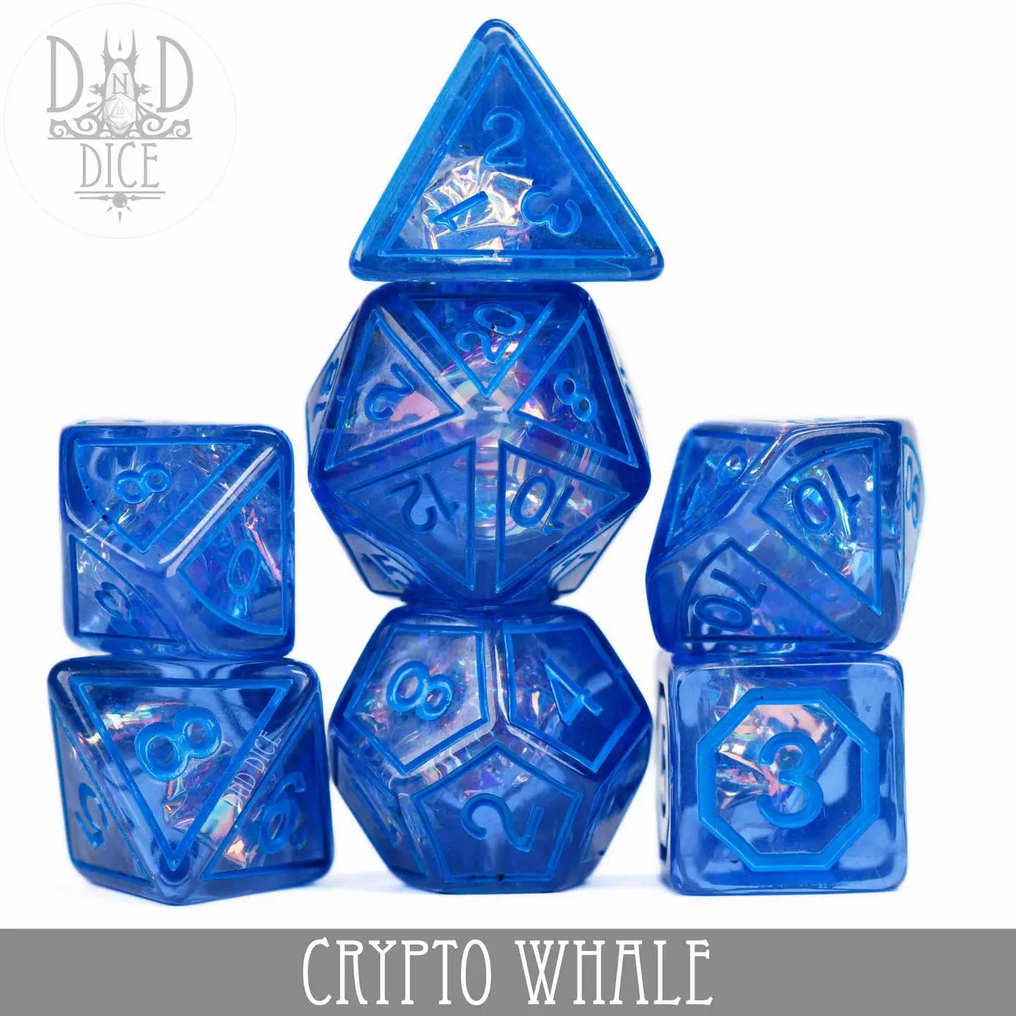 Crypto Whale Dice Set, 7-piece blue polyhedral dice with shimmering accents.