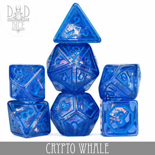 Crypto Whale Dice Set, 7-piece blue polyhedral dice with shimmering accents.