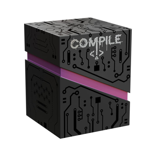 Black box with circuit patterns, COMPILE text, and code symbols from the Compile game series.