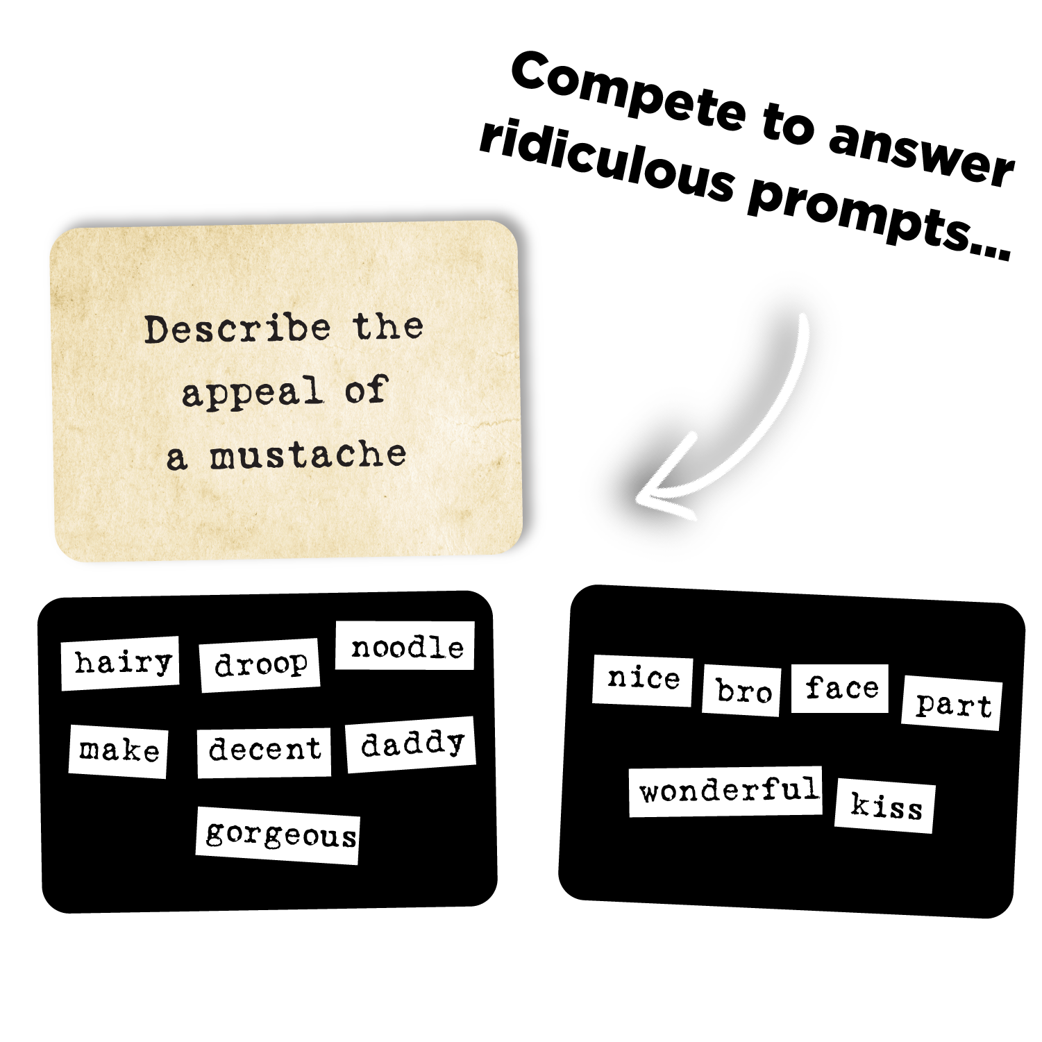 Ransom Notes: House Party Edition game with random word and mustache cards for answering prompts.