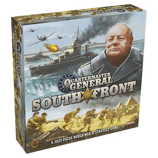 Box for Quartermaster General: South Front WWII strategy game, showing battleships, planes, and an officer.