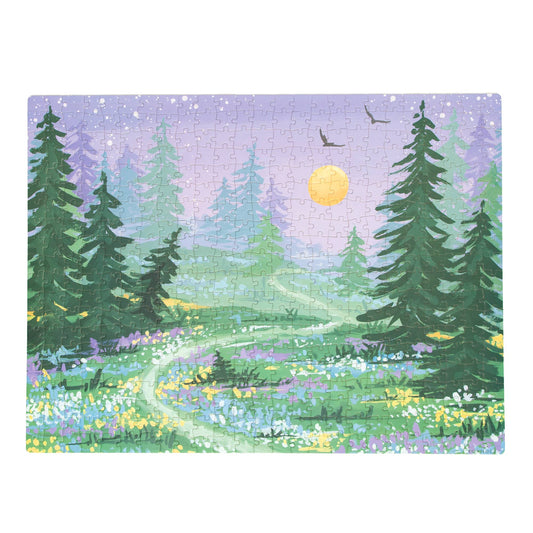 Twilight Garden 500 piece jigsaw puzzle featuring wildflowers, pine trees, and a purple twilight sky in a meadow.